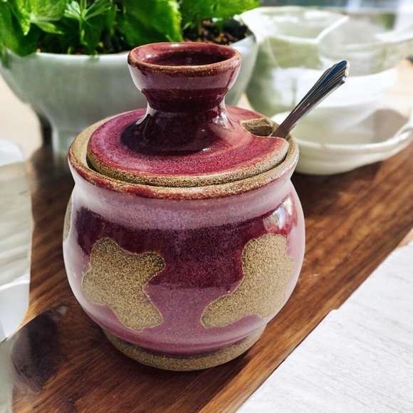 Artist signed Jerry Other - Stoneware Mushroom Lidded Storage Jar, Honey Jar, Sugar Jar, Jam Jar, Salt Jar